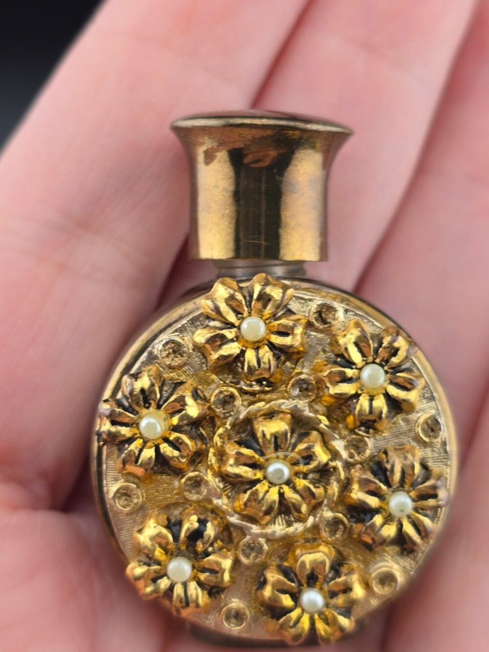 Vintage Gold Metal Floral Perfume Bottle With Faux Pearl Accents 2"  Empty - Picture 2 of 9